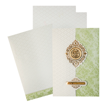 White and Green Ganesha Floral Wedding Card-KNAI2201