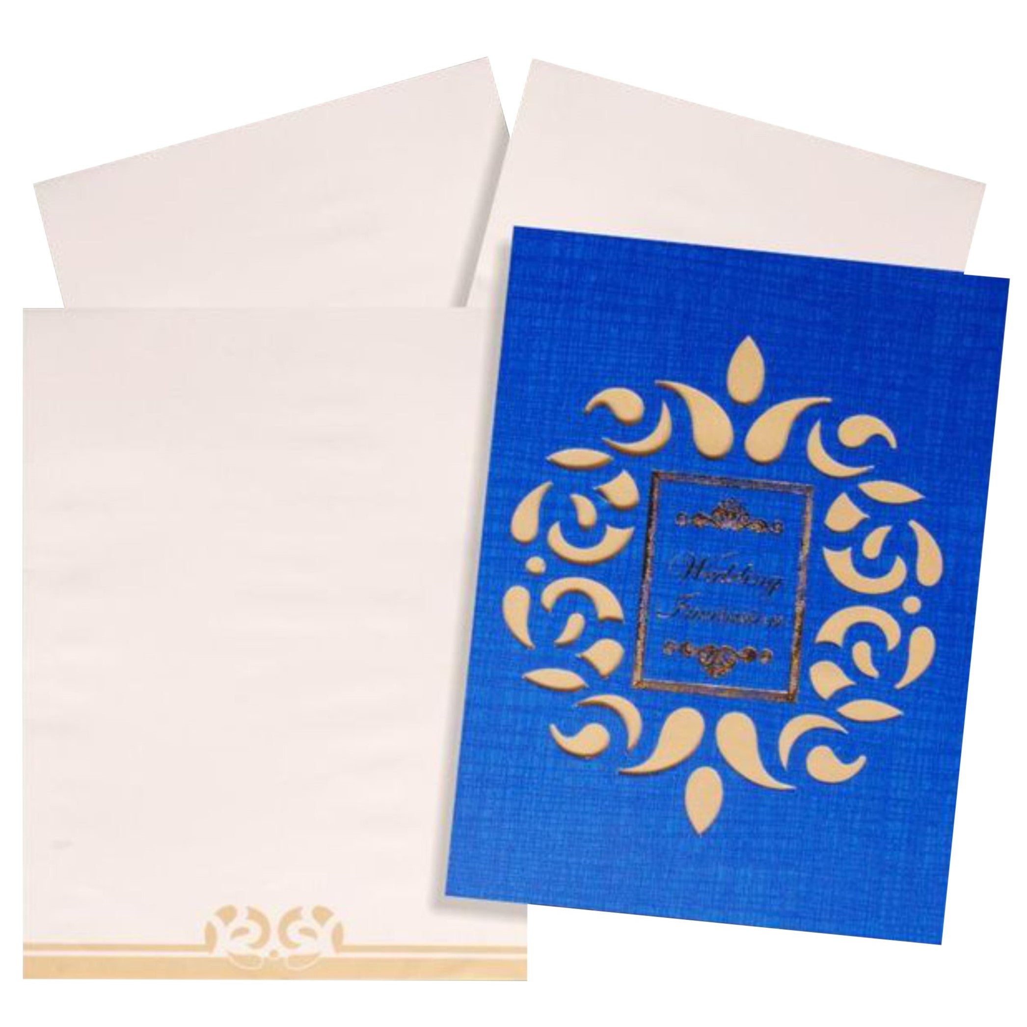 Selling White envelope with gold border blue wedding print cover invitation card online. Buying invitation cards made easy with King of Cards! ? Customer Support ? Home Delivery