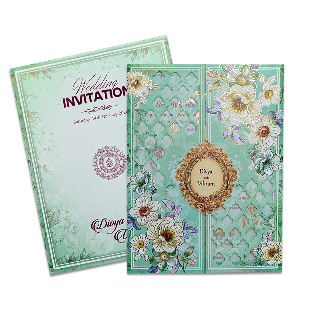 Mint Green Floral Laser Cut Wedding Card-KNNO7401