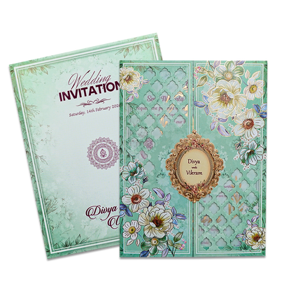 Mint Green Floral Laser Cut Wedding Card-KNNO7401