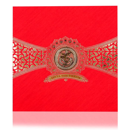 Red Wedding Invitation Card With Name Plate And Ganesha Sticker-KNBP902R-King of Cards