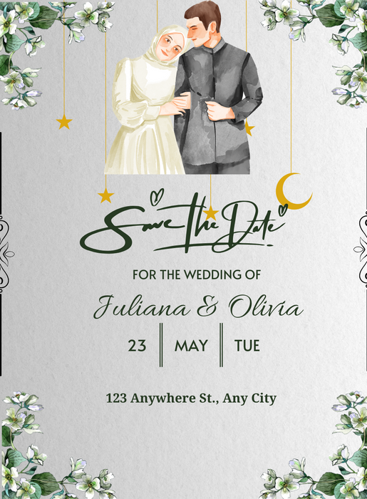 Grey Floral Muslim Wedding Invitation-AAGWI004