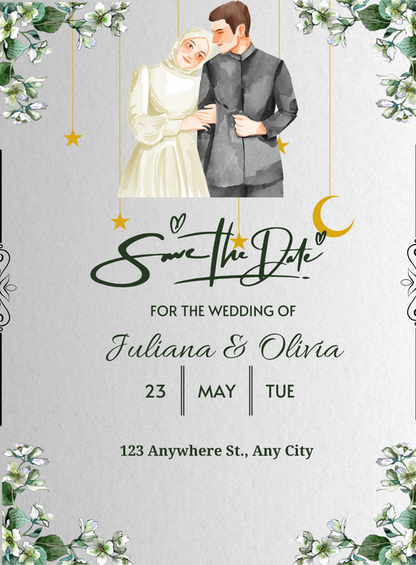 Grey Floral Muslim Wedding Invitation-AAGWI004