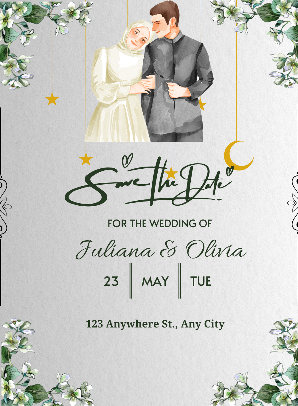 Grey Floral Muslim Wedding Invitation-AAGWI004
