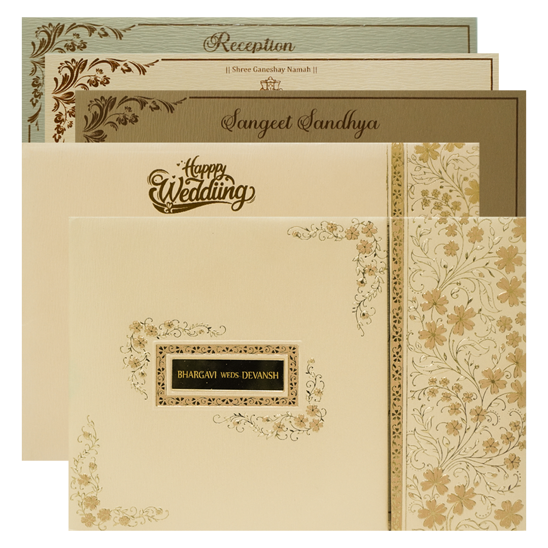 Cream Gold Floral Rectangular Padded Wedding Card-KSSC2390