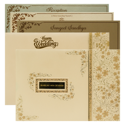 Cream Gold Floral Rectangular Padded Wedding Card-KSSC2390