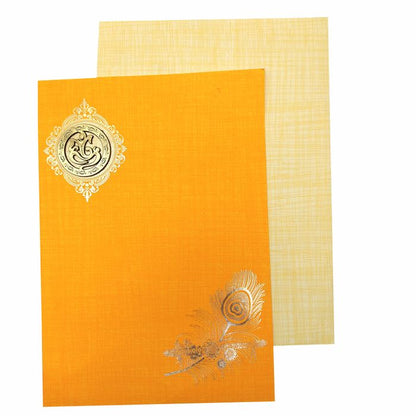 Orange Classic Paper Print Peacock Feather With Flute Wedding Card-KNCP811O-King of Cards