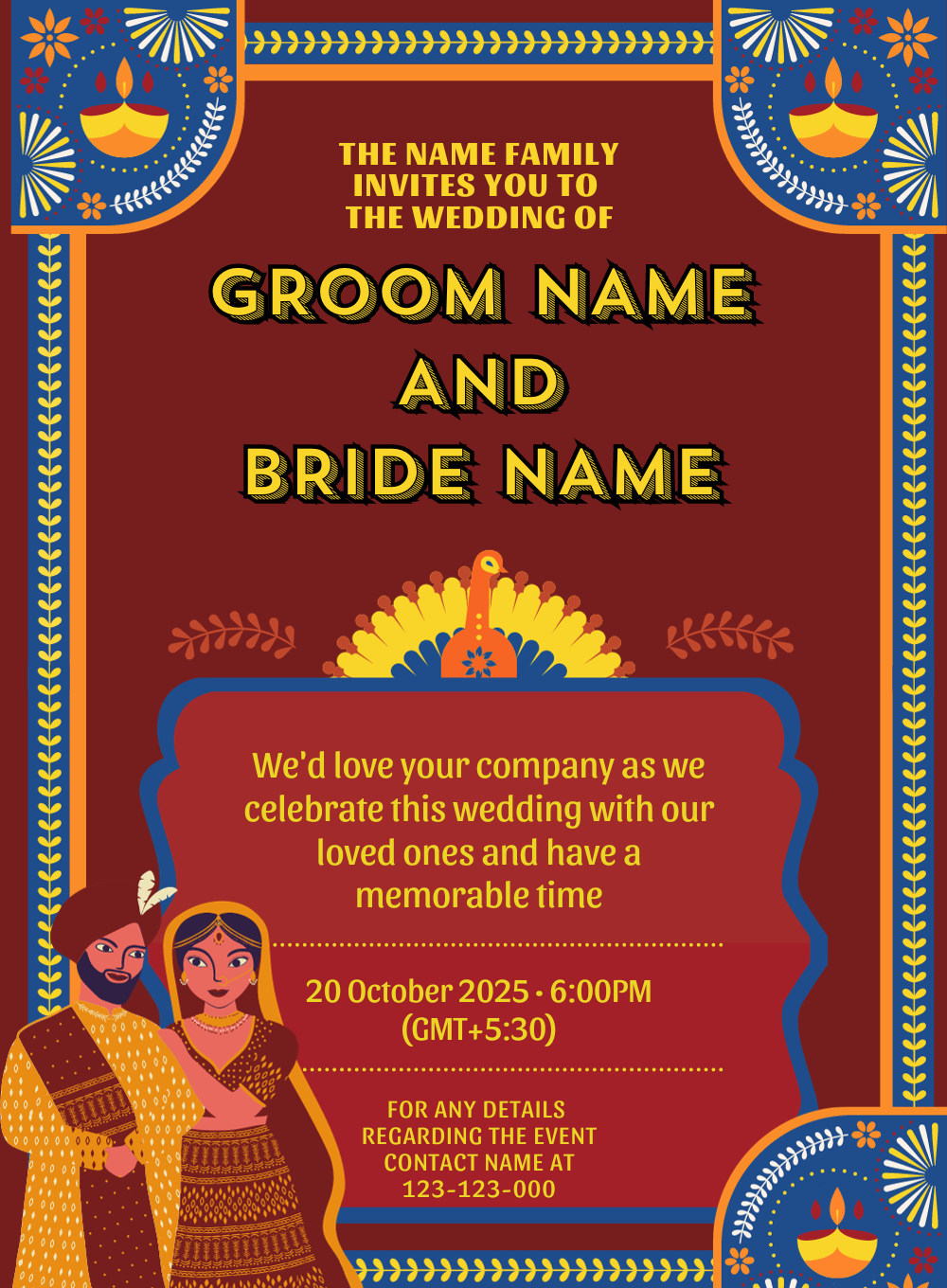 Maroon Caricature Diya Design Wedding Invitation-AARWI002