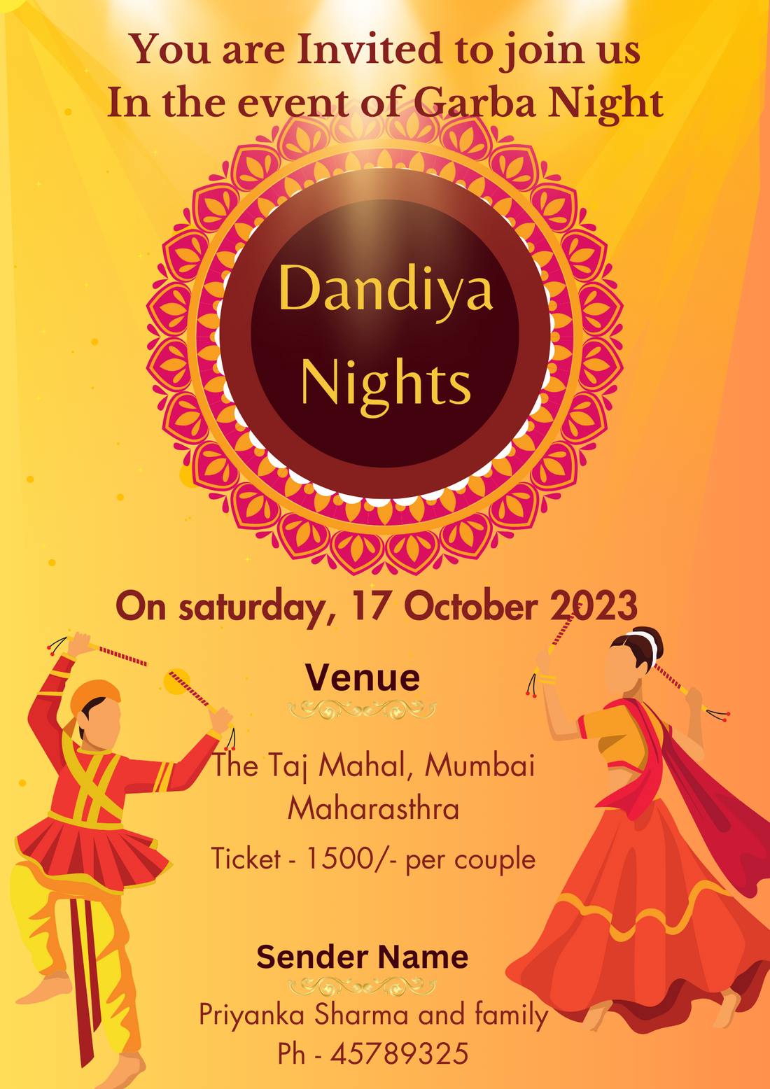 Yellow Vibrant Dandiya Night Invitation-King of Cards