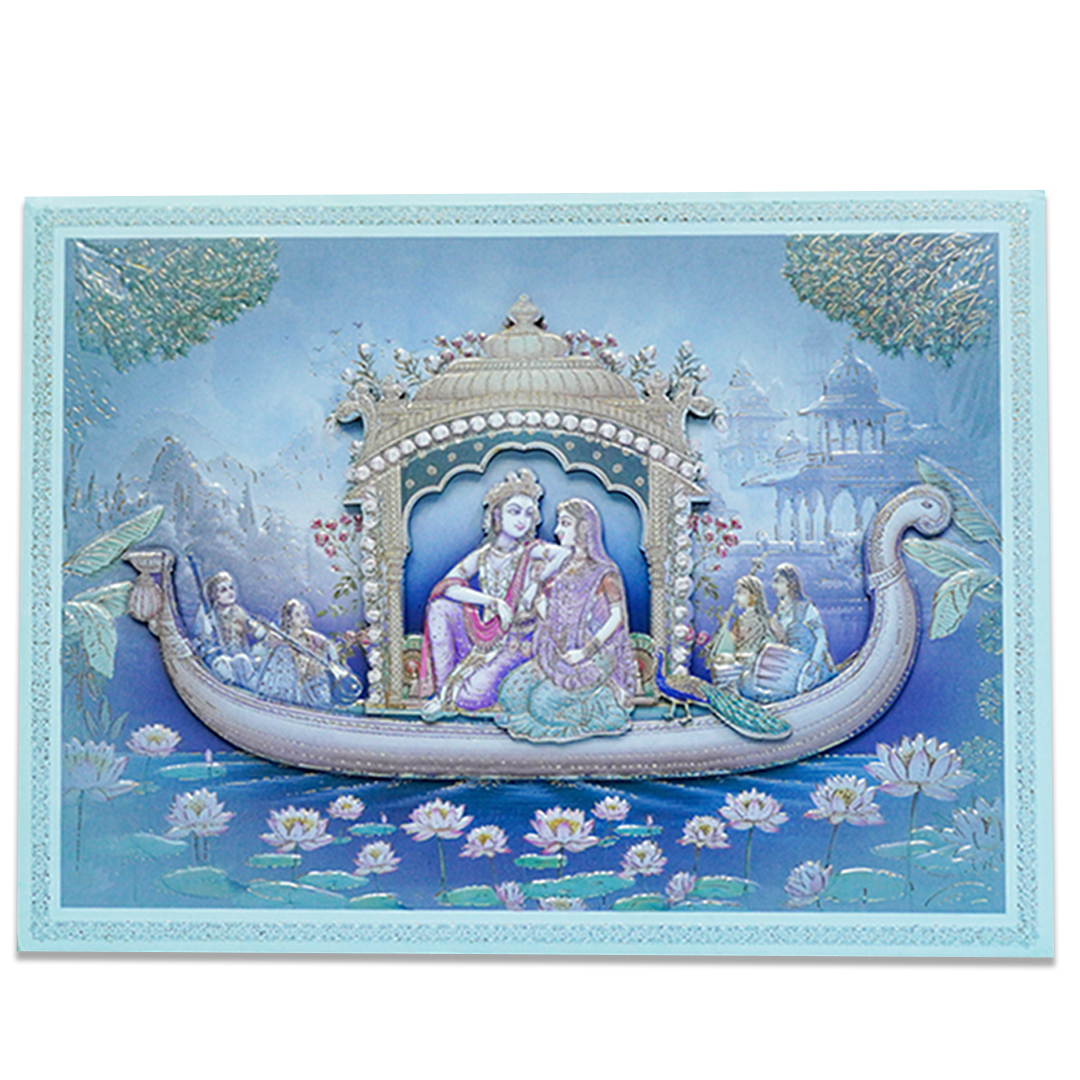 Radha Krishna Boat Theme Padded Wedding Card - KSSC2530