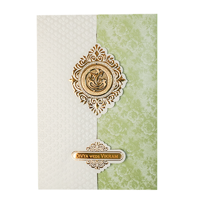 White and Green Ganesha Floral Wedding Card-KNAI2201