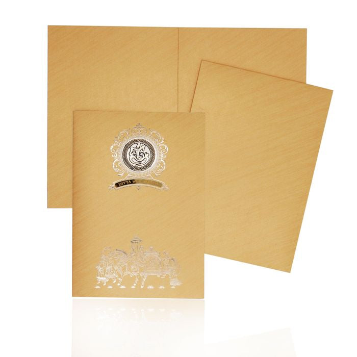 Brown Metallic Baraat Design In Silver Foiling Invitation Card-KNM2101G-King of Cards