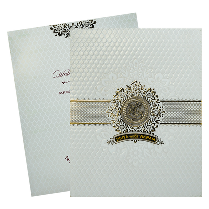 White Textured Floral Band Wedding Card-KNCS8516W