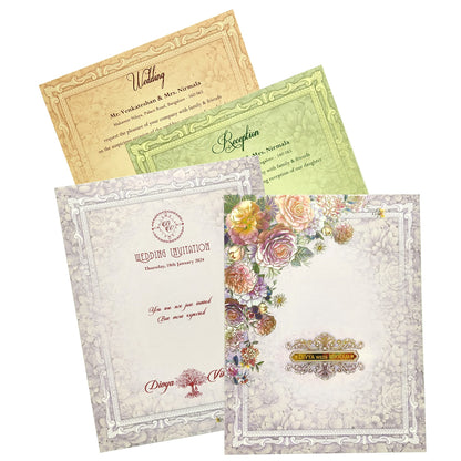 Lavender personal invitation p with floral print at the borders in gold foiling.