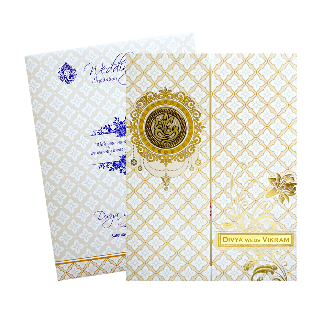 White Gold Floral Nameplate Invitation Card-KNK7064W