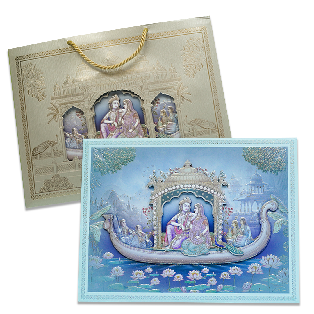 Radha Krishna Boat Theme Padded Wedding Card - KSSC2530