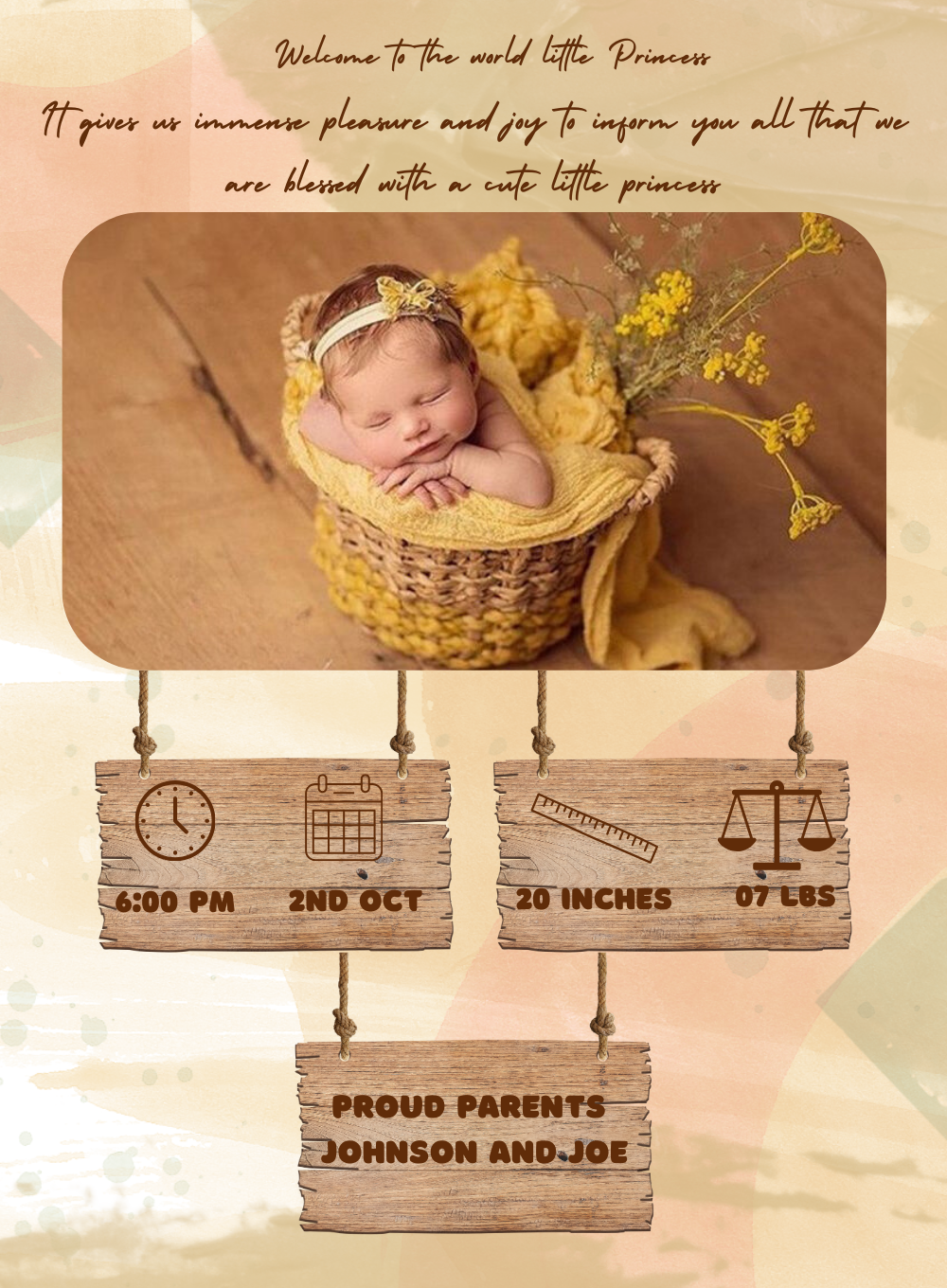 Yellow Basket Baby Birth Announcement Invitations-AABBA013
