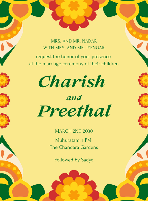 Yellow Floral South Indian Wedding Invitation-King of Cards