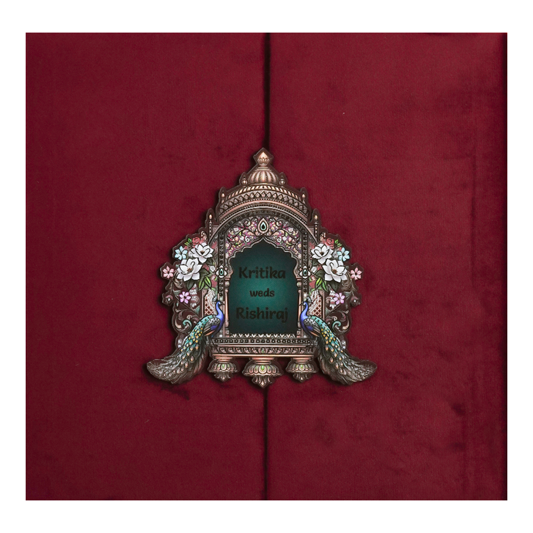 Maroon Peacock Padded Wedding Card-KSI64230