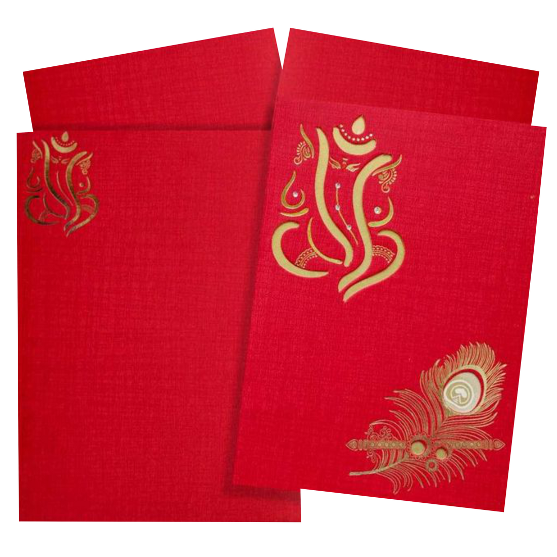 Check out the collection ofRed ganesha and peacock feather laser cut with red ganesha foil coverinvitation card at best price. &amp;