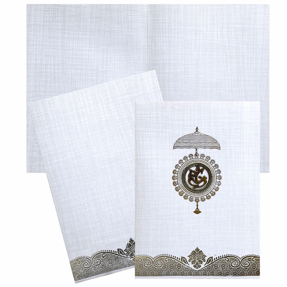 Selling Grey metalic envelope with umbrella print and ganesha sticker invitation card online. Buying invitation cards made easy with King of Cards! &amp;