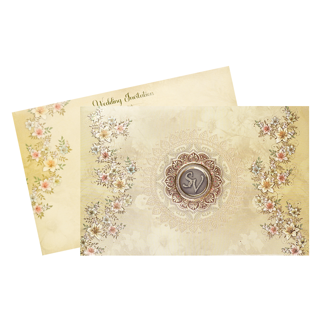 Beige Floral Padded Wedding Card-KSI64050