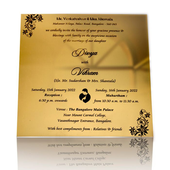 Gold Acrylic Floral Invitation Card With Blue Cover-King of Cards