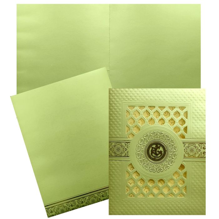 Lexus green single sheet wedding card features laser cut design and ganesha sticker with one insert and an envelope. Shipping and printing charges are extra.