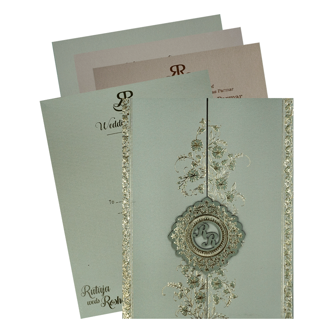 Green Gold Floral Monogram Padded Wedding Card-KSI64480