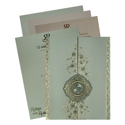 Check out Green Gold Floral Monogram Padded Wedding Card at best price. ✅WhatsApp Support ✅Express Delivery.|King of cards.