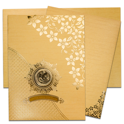 Yellow Gold Floral Ganesha Wedding Card-KNRM7082G