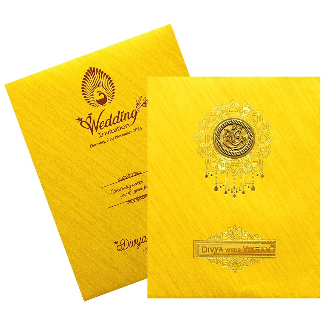 Gold Ganesha Nameplate Wedding Card-KNPJ1508G