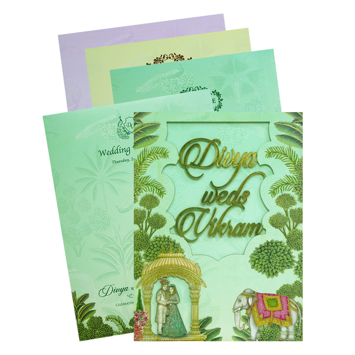 Green Laser-Cut Bride &amp; Groom Wedding Card-King of Cards