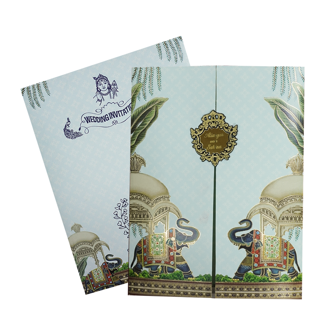 Regal Blue Elephant Gatefold Wedding Card-KNKC4089