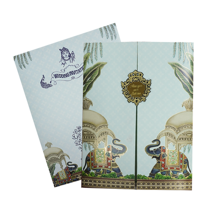 Regal Blue Elephant Gatefold Wedding Card-KNKC4089