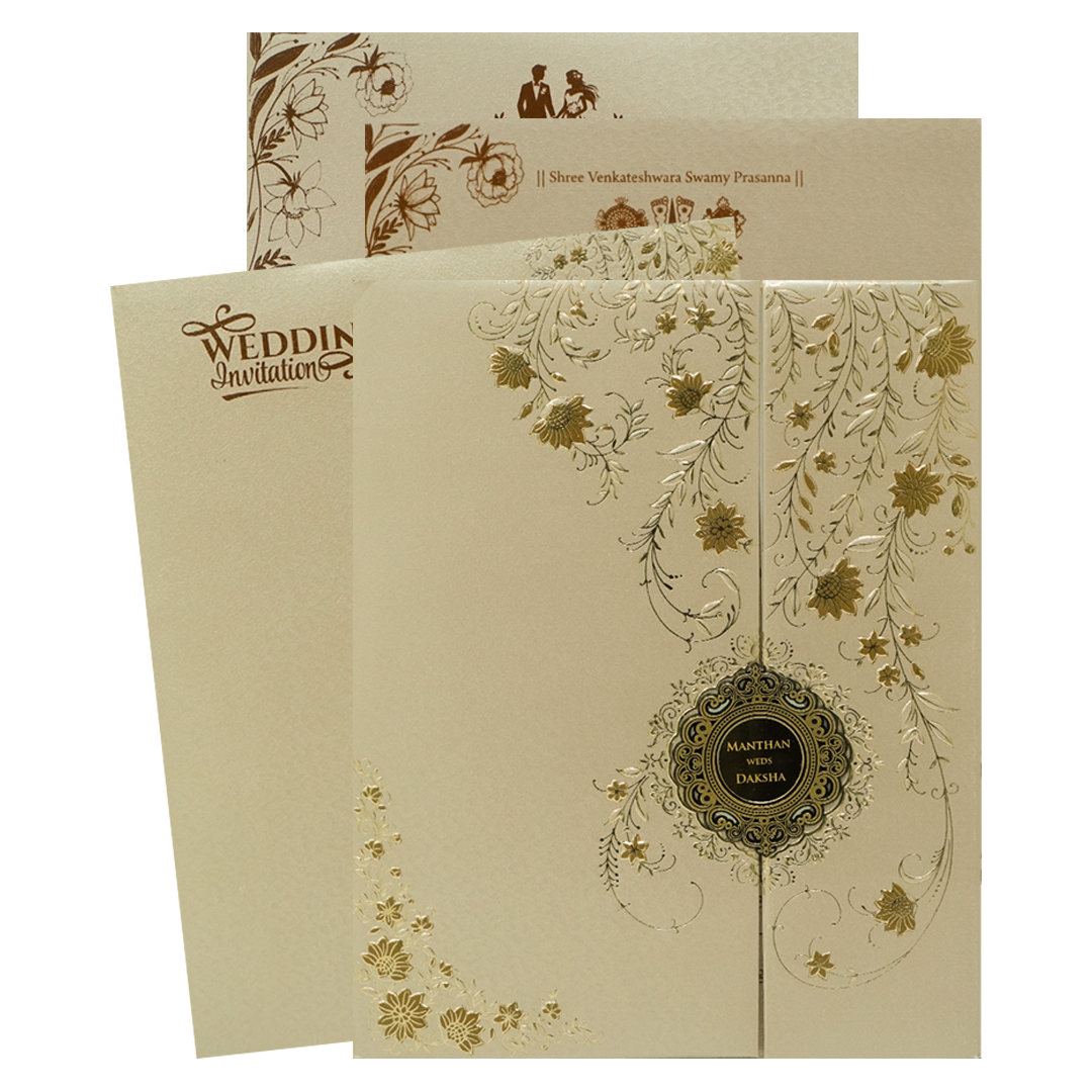 Check out Gold Floral Padded Wedding Card at best price. ✅WhatsApp Support ✅Express Delivery.|King of cards.
