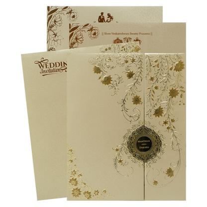 Check out Gold Floral Padded Wedding Card at best price. ✅WhatsApp Support ✅Express Delivery.|King of cards.