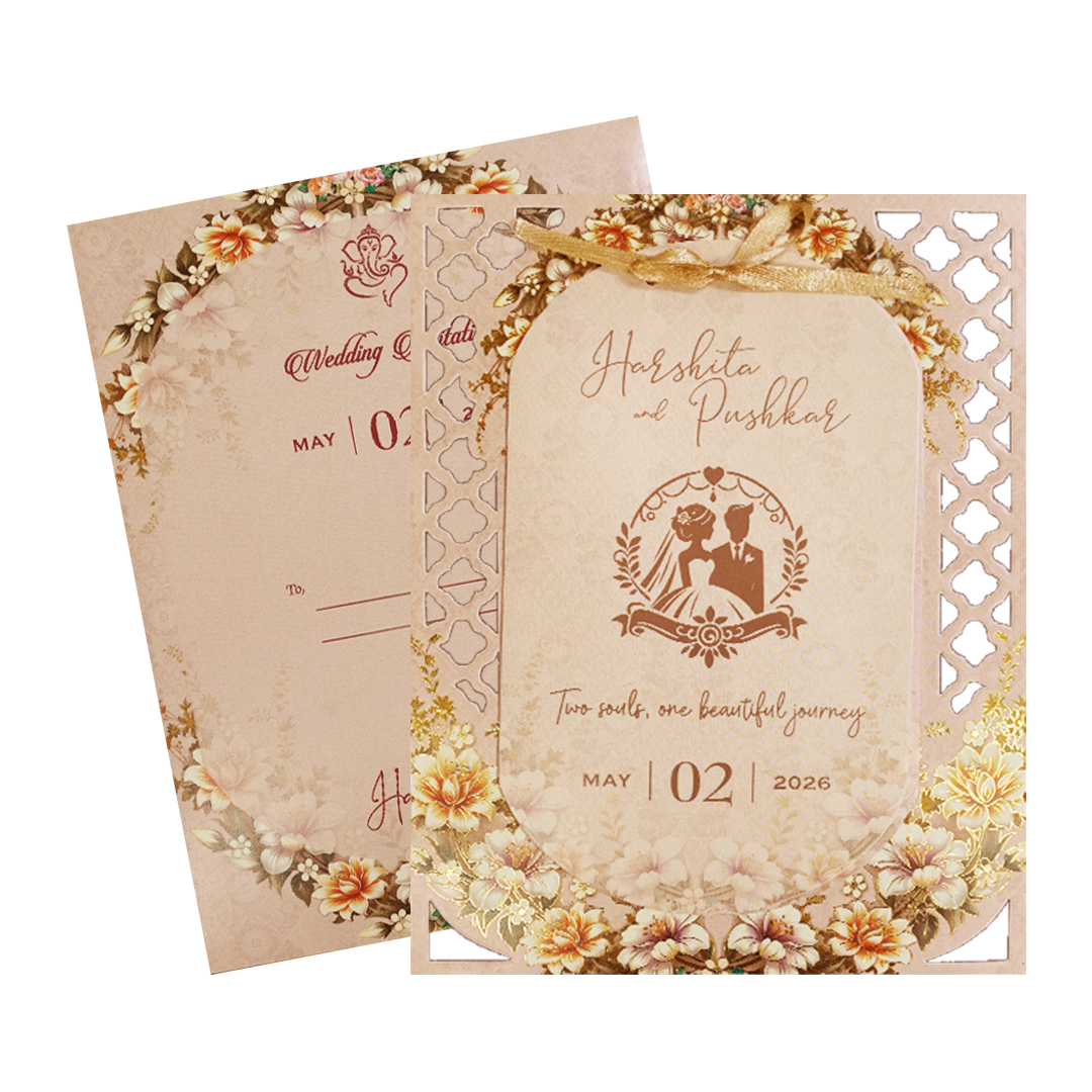 Cream Floral Laser Cut Wedding Card-KSH72910