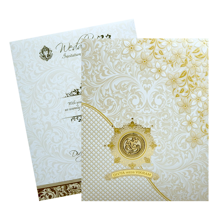 White Jumbo Screen Embossed Floral With Ganesha And Name Plate-King of Cards