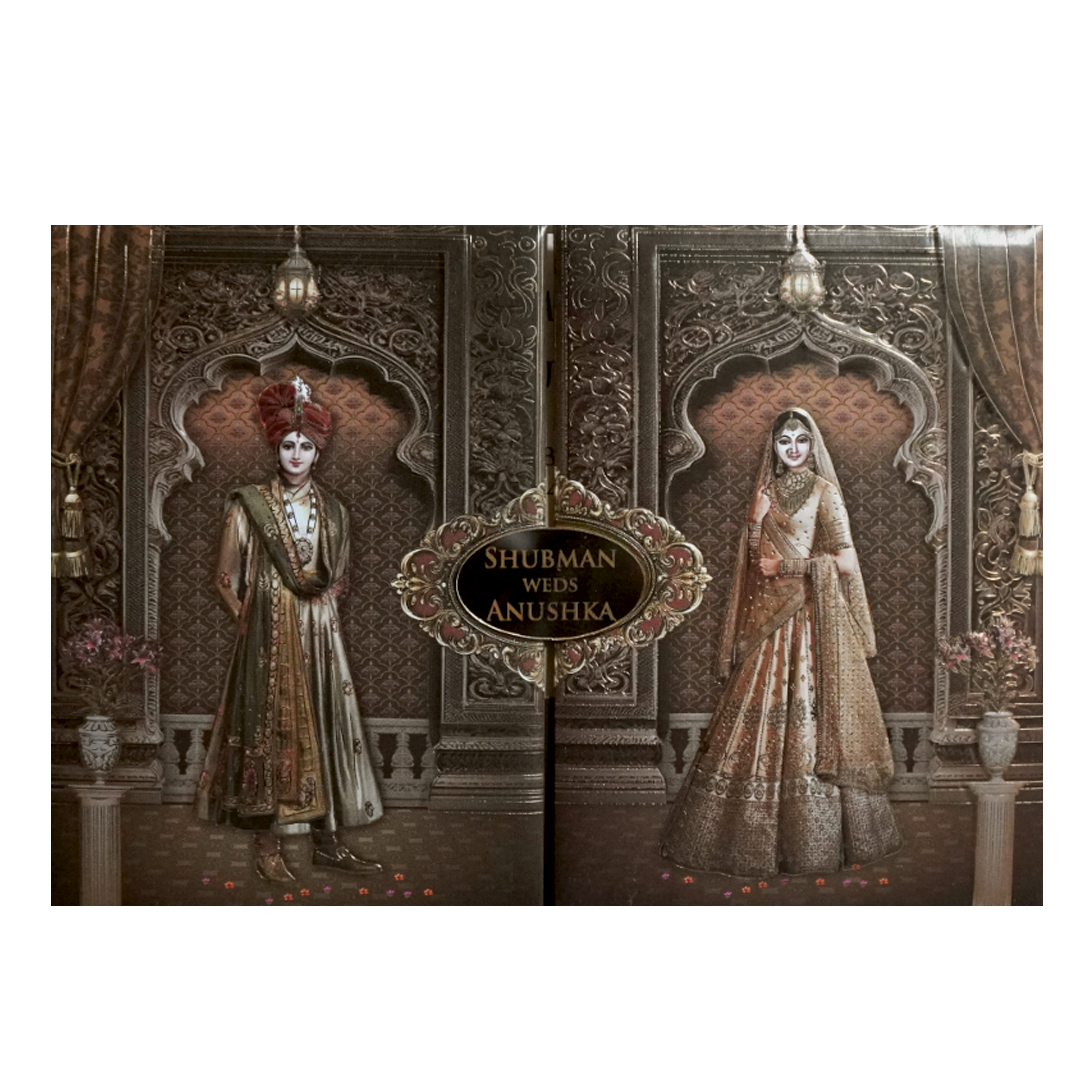 Brown Embossed Bride Groom Door Style Padded Wedding Card - KRB8210