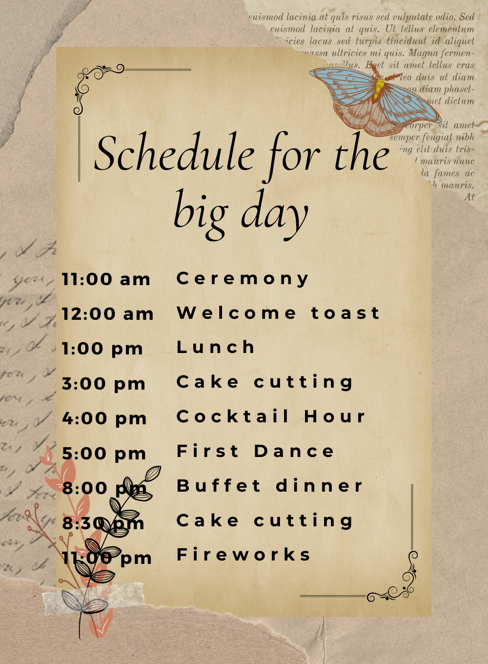 Watercolor Butterflies Wedding Itinerary-King of Cards