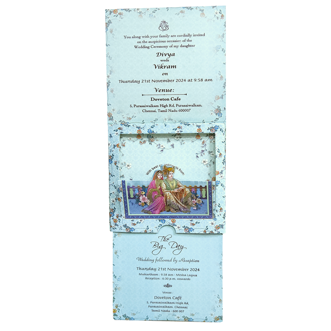 Blue Floral Bride Groom Slide Wedding Card-KNRDC01B