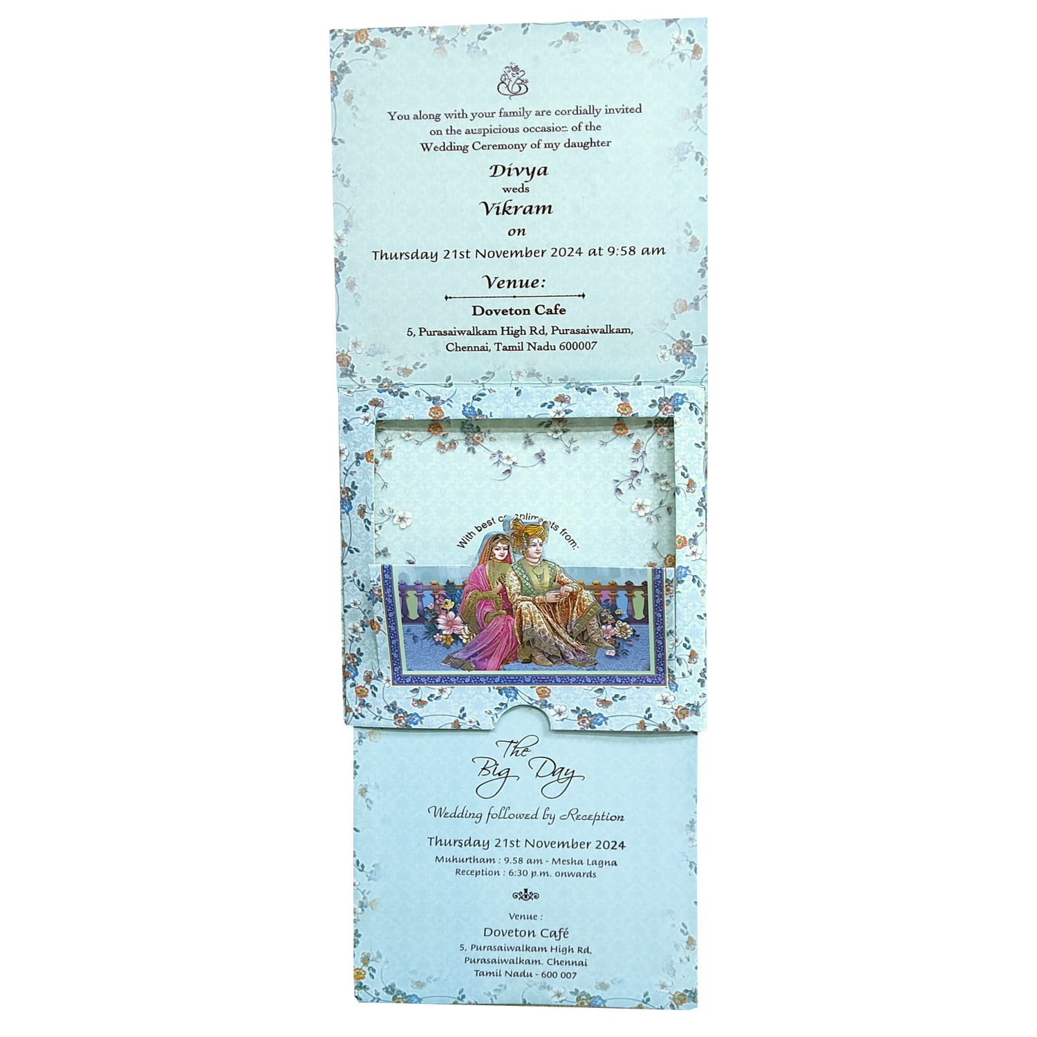 Blue Floral Bride Groom Slide Wedding Card-KNRDC01B
