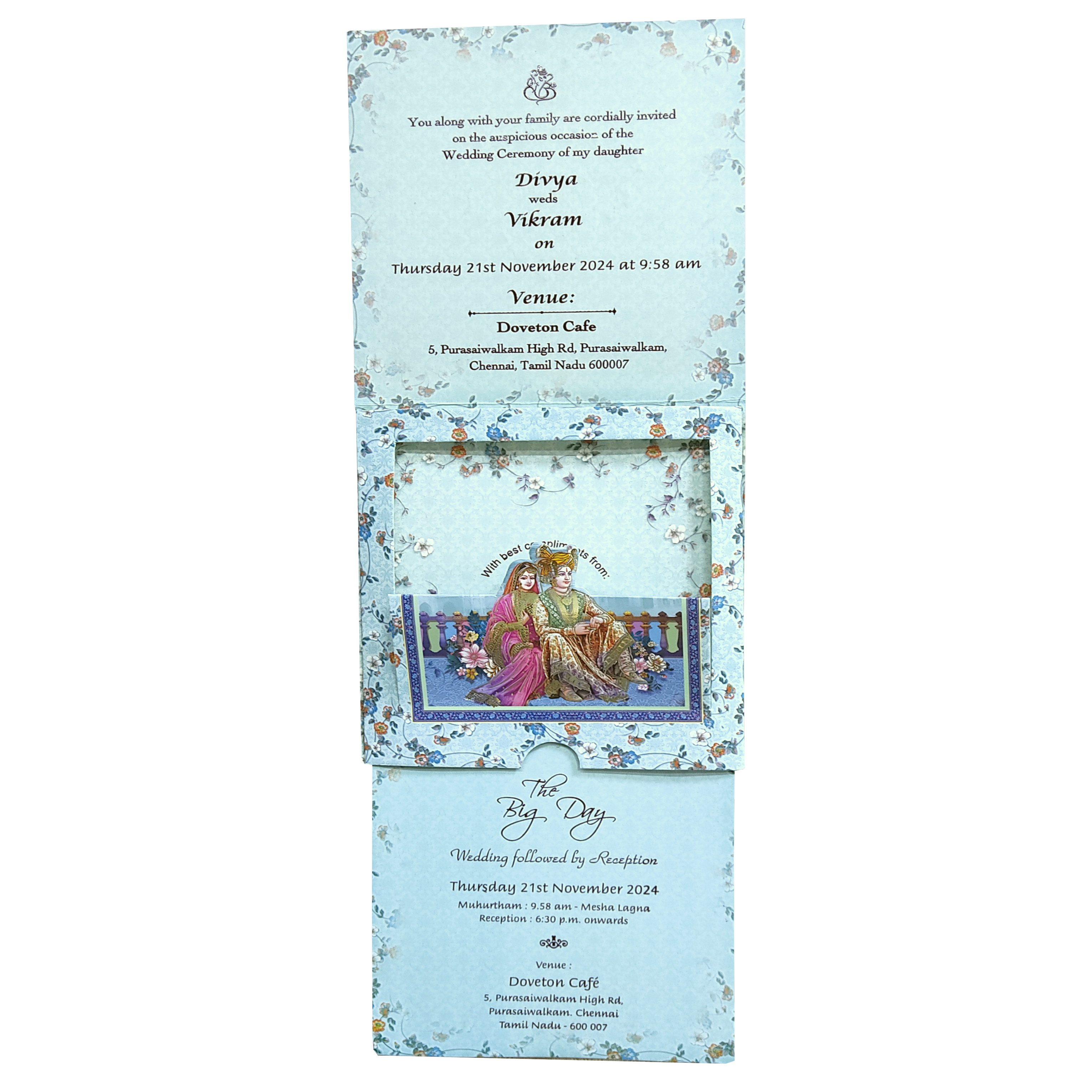Blue Floral Bride Groom Slide Wedding Card-KNRDC01B