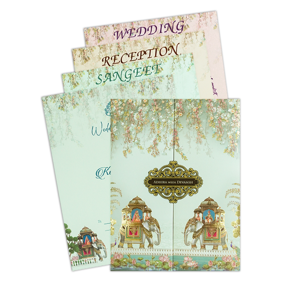 Check out Green Floral Elephant Procession Wedding Card at best price.✅WhatsApp Support ✅Express Delivery