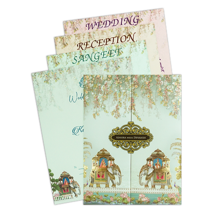 Check out Green Floral Elephant Procession Wedding Card at best price.✅WhatsApp Support ✅Express Delivery