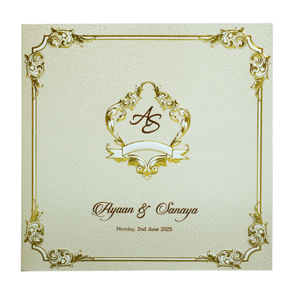 Pearl White Gold Floral Box Invitation Card-KRC30240
