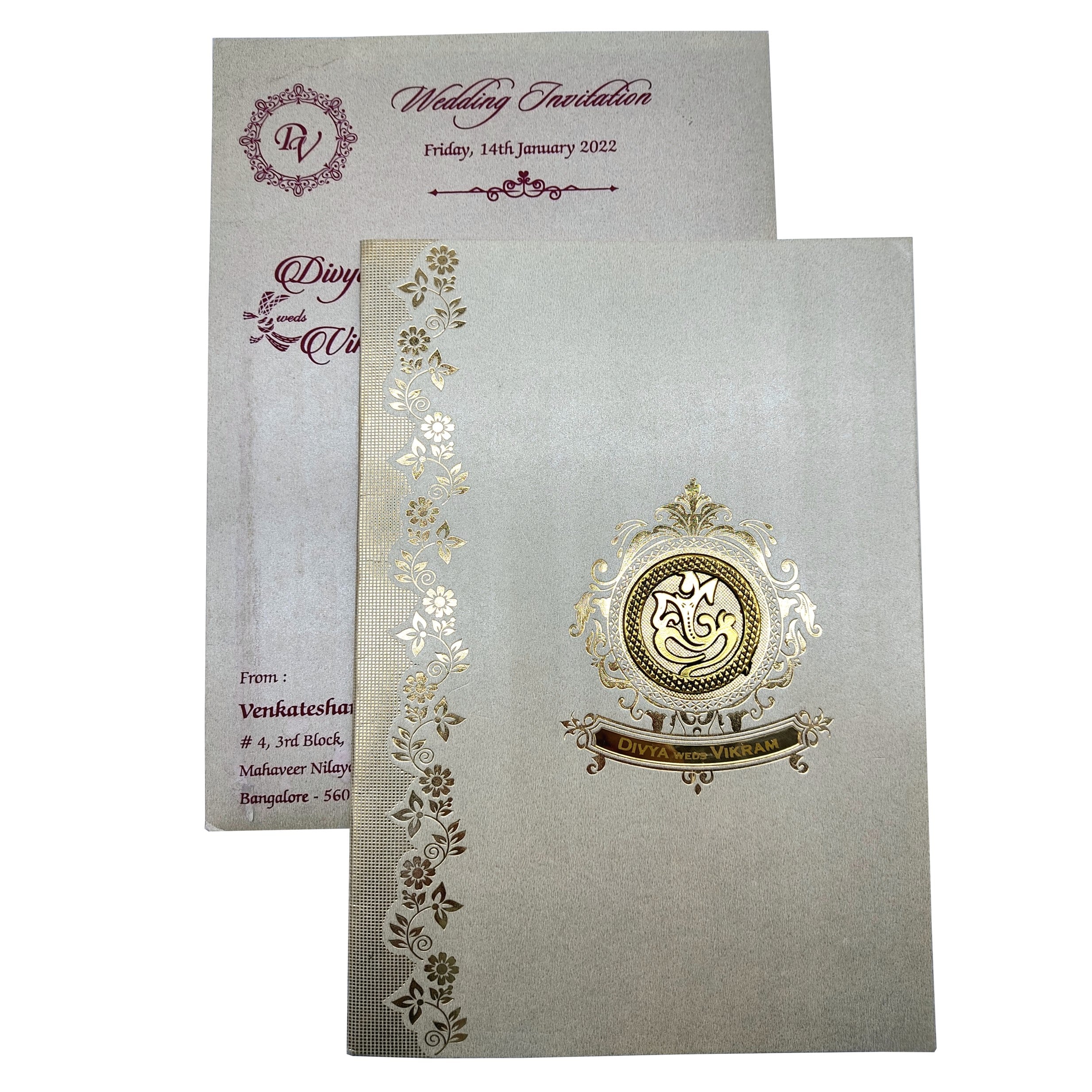 Grey Metallic Floral Gold Foiling With Ganesha And Name plate-KNCM31GS