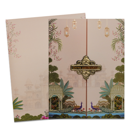 Cream Royal Palace Peacock Wedding Card-KNKJ1147