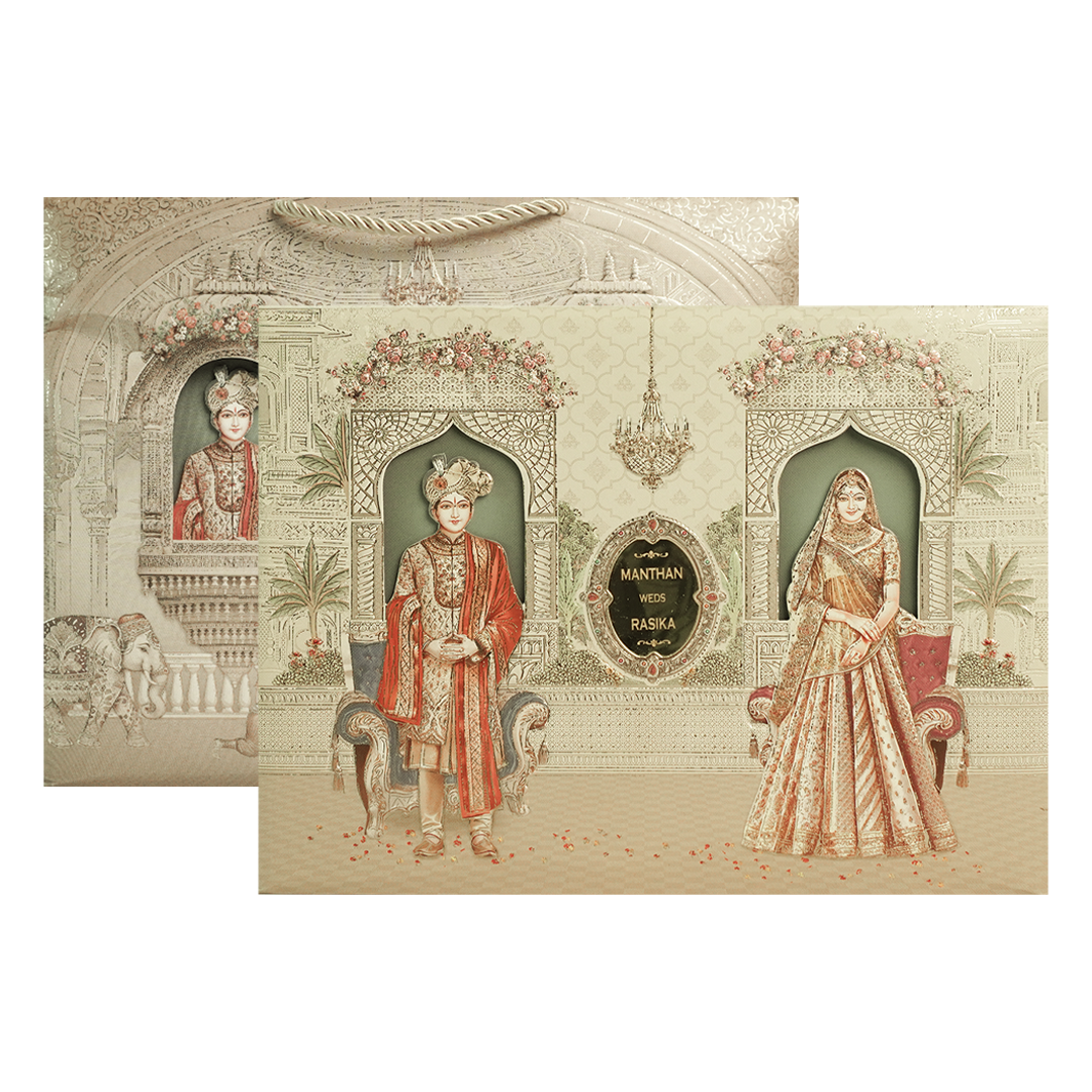 Cream Bride Groom Palace Wedding Invitation Box - KSI63960